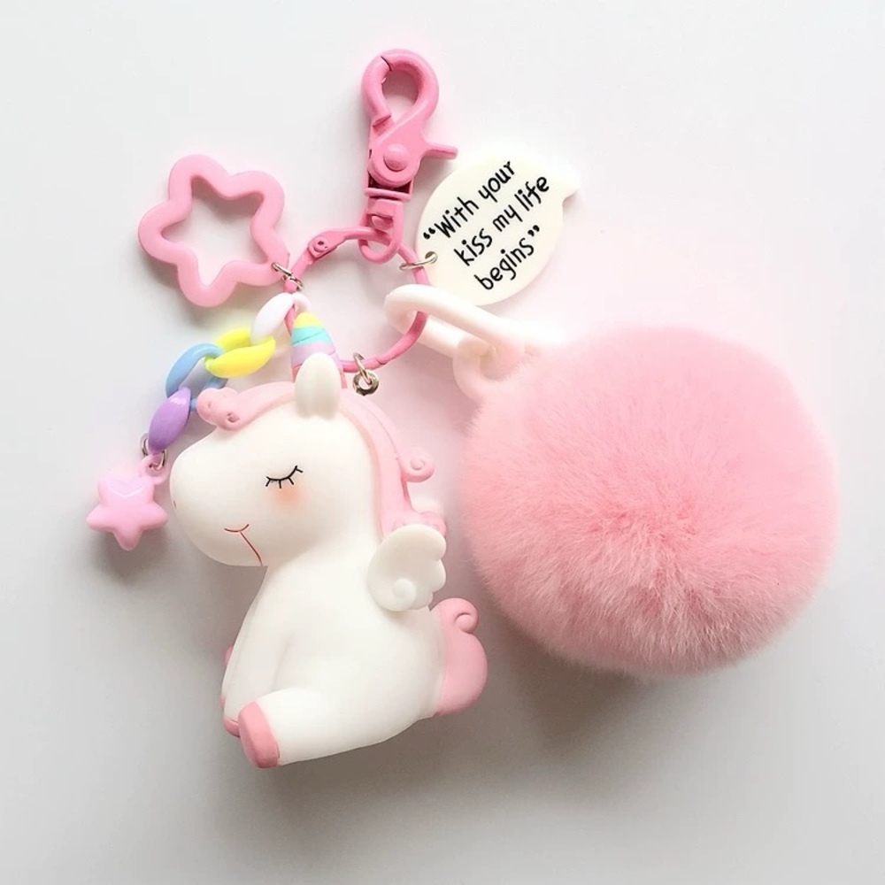 Pink Unicorn Pom Pom Keychain